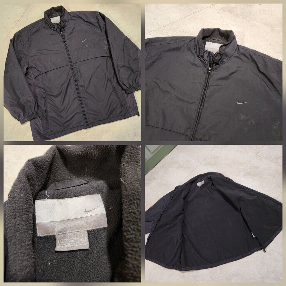 VTG Y2K NIKE Mens L Large Fleece Lined Black Windbreaker Jacket 2000s Silver Tag